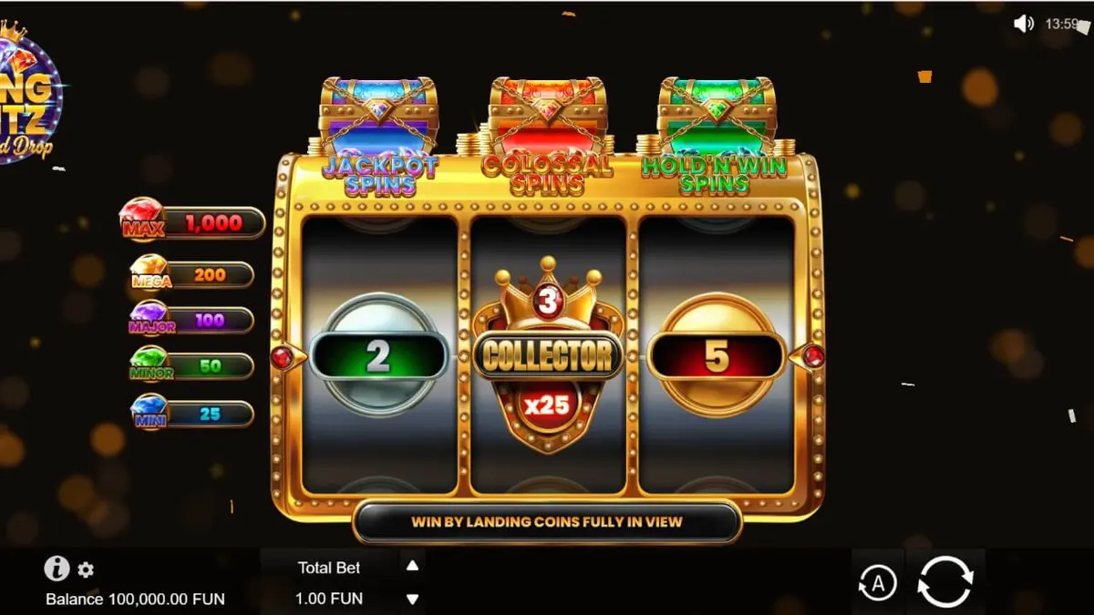 Interface luxuosa do slot Bling Blitz Diamond Drop com diamantes e moedas brilhantes