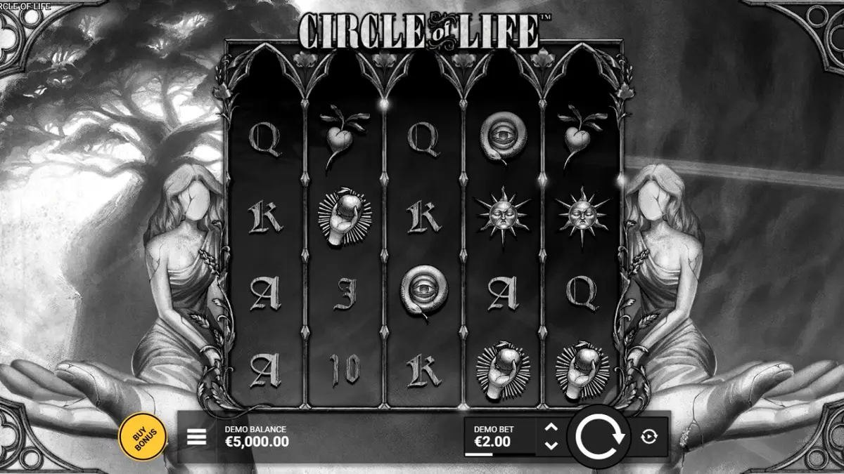 O slot Circle of Life da Hacksaw Gaming apresentando sua estética monocromática e a vibrante Árvore da Vida.