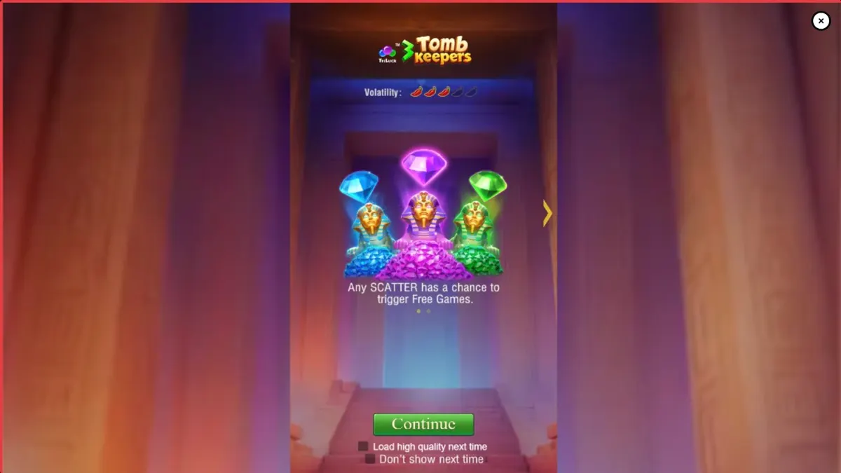 Interface do jogo de slot 3 Tomb Keepers com estátuas de faraós e símbolos egípcios