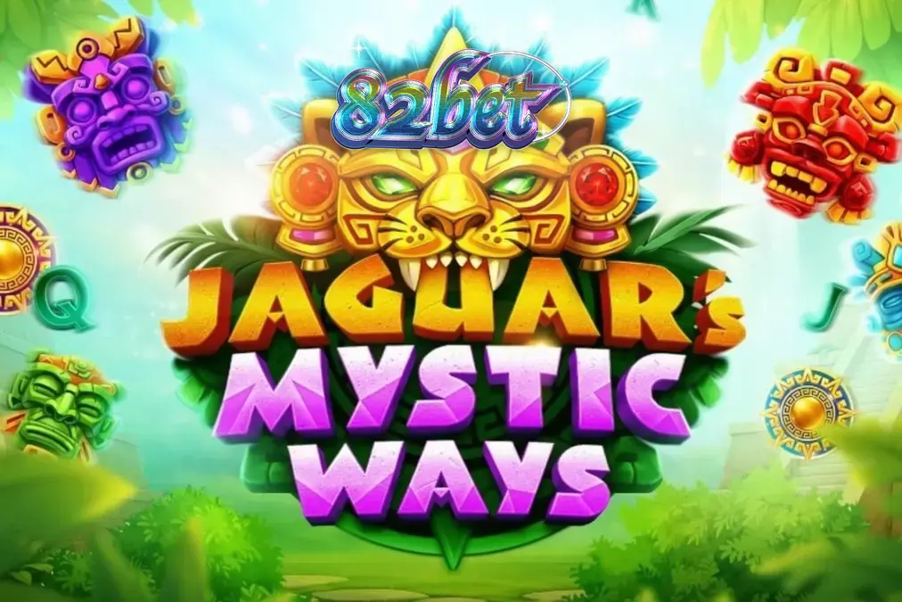 Cena atmosférica da selva com elementos de templos antigos e o espírito do jaguar no jogo Jaguar’s Mystic Ways